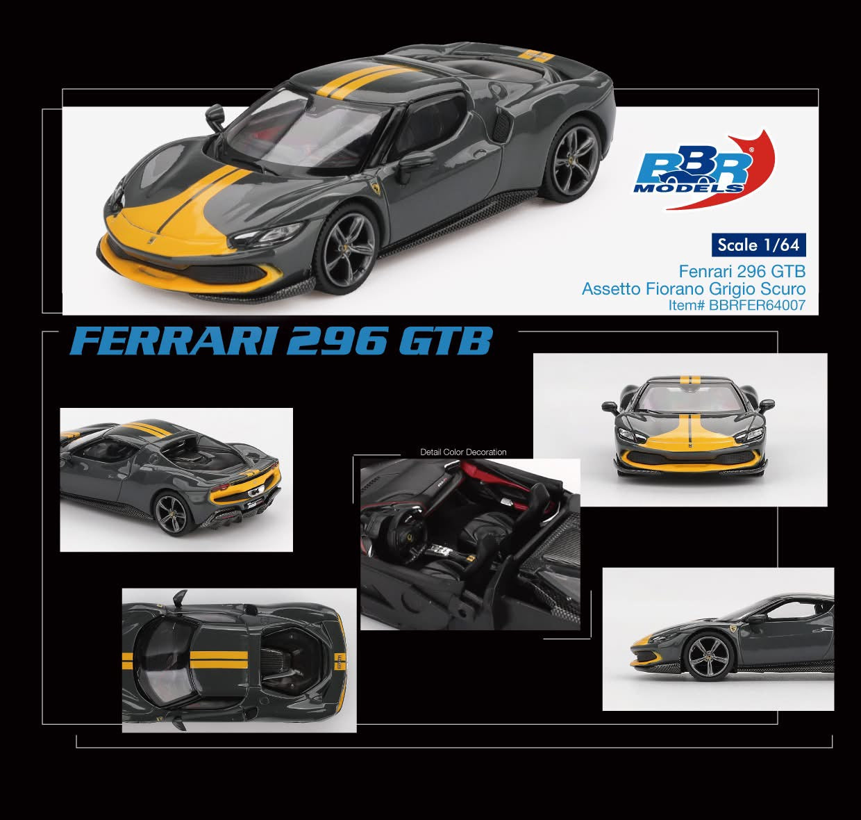 BBR 1/64 - Ferrari 296 GTB Assetto Fiorano Grigio Scuro